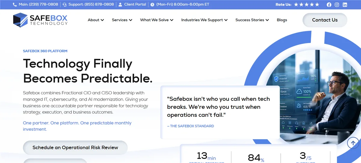 Safebox Technology Southwest Florida managed IT services, ranked #4 for Fort Myers financial services with a Trust Score of 4.9/10, homepage