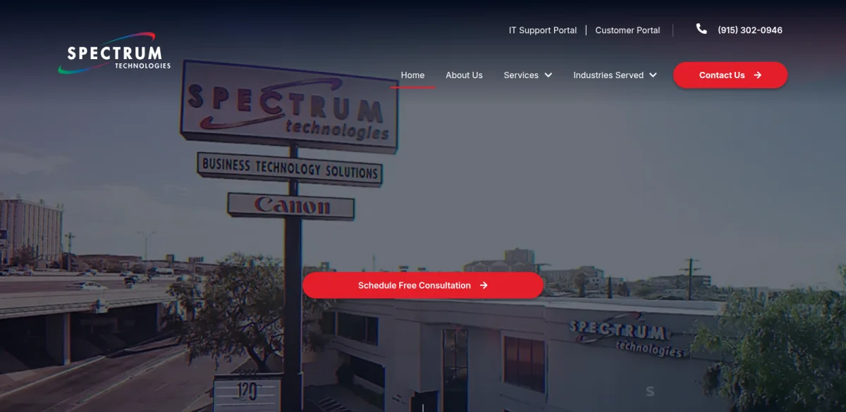 Spectrum Technologies homepage, El Paso IT and manufacturing technology services ranked number 7 by itreviews.co