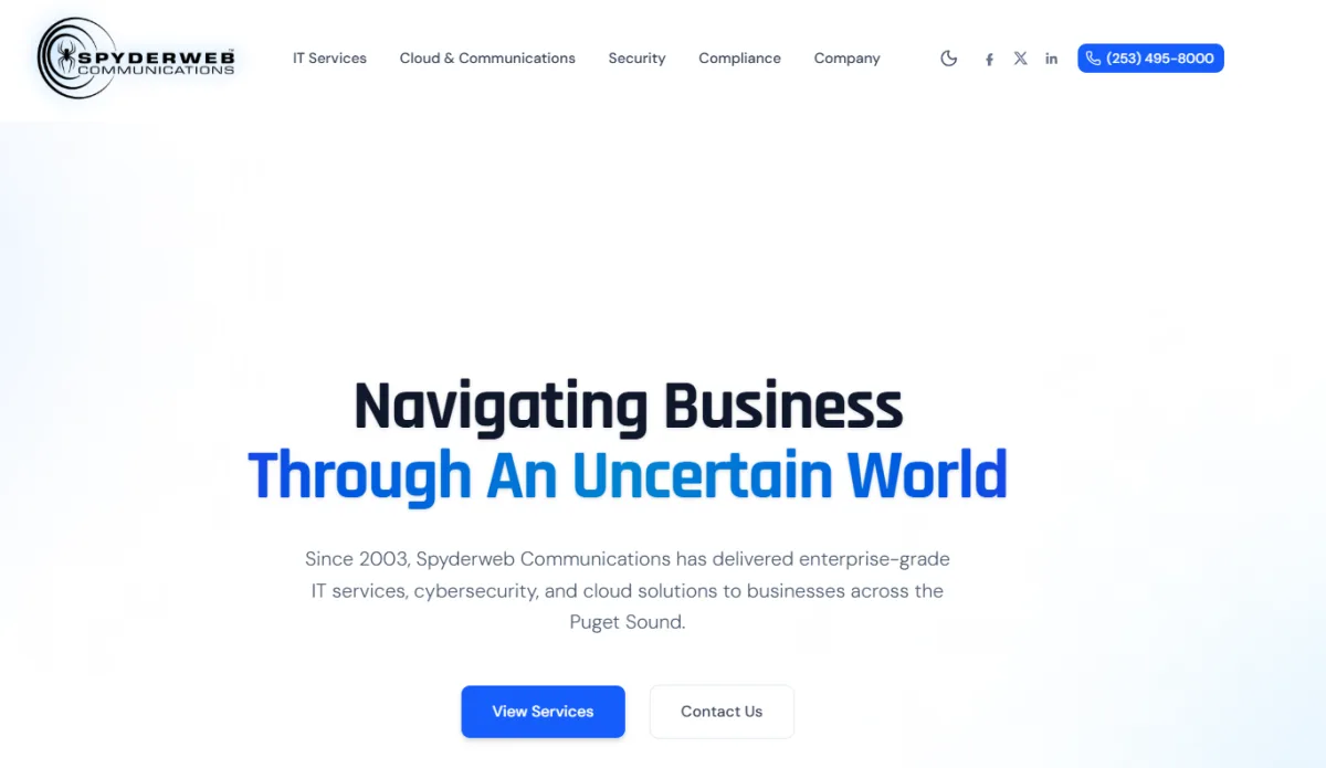 SpyderWeb Communications homepage showing Tacoma managed IT and CMMC readiness services