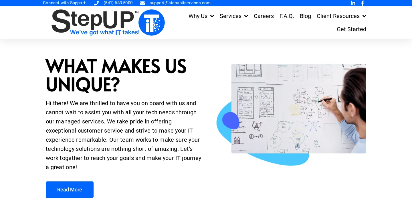 StepUP IT Services homepage, Eugene Oregon healthcare managed IT provider ranked #2 on itreviews.co's 2026 list with a Trust Score of 6.8/10