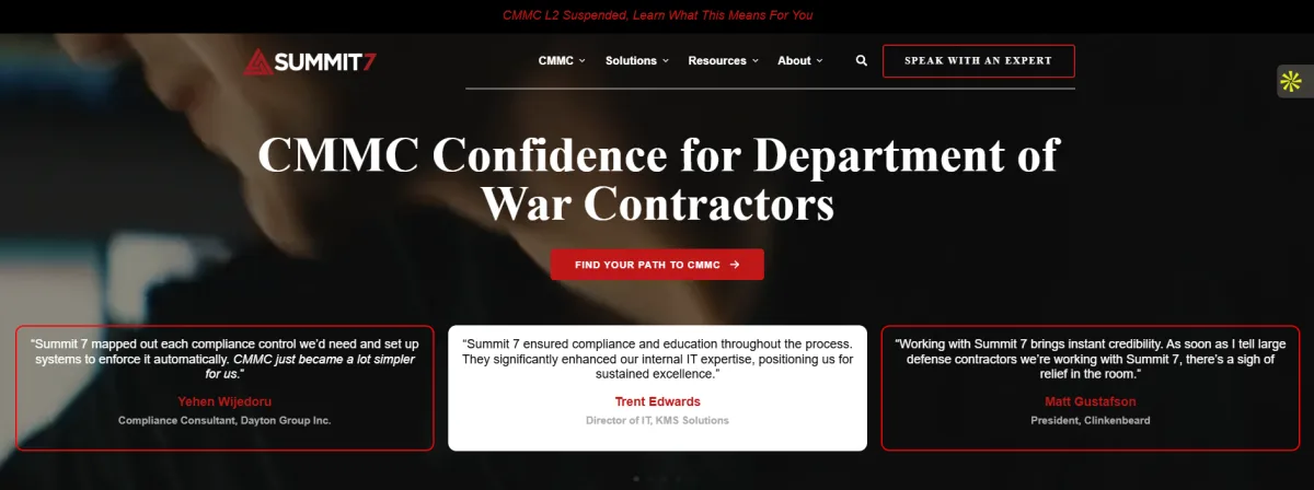 Summit 7 CMMC managed IT for defense contractors homepage
