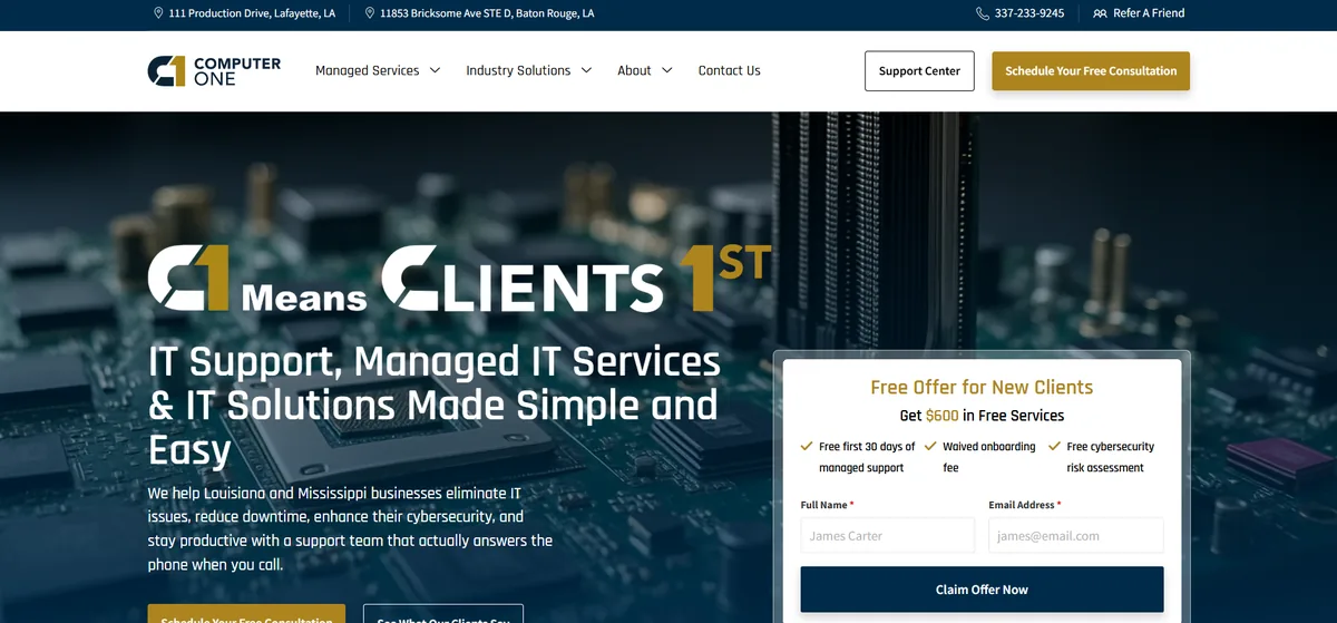 Computer One IT support Lafayette Louisiana homepage