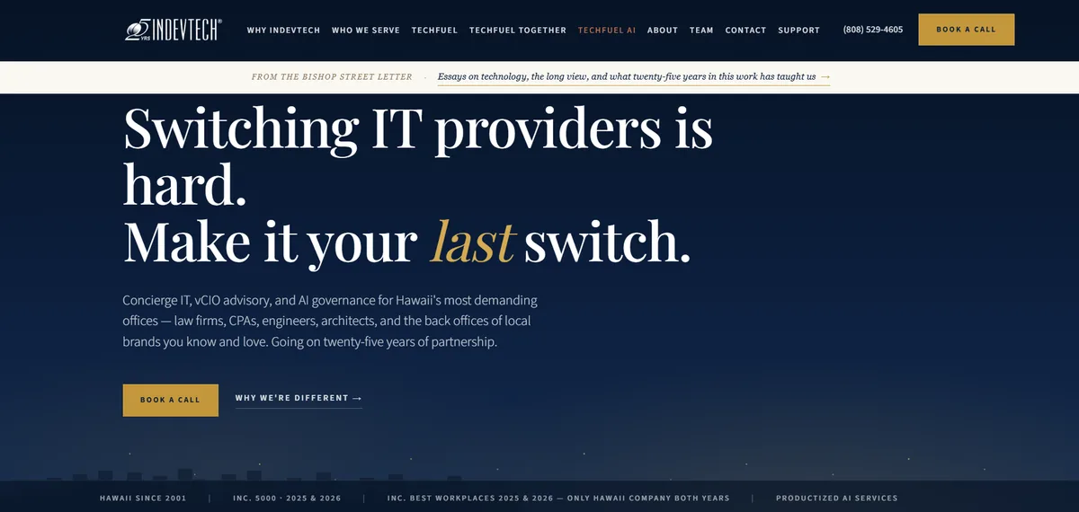 Indevtech managed IT services for professional firms Honolulu Hawaii homepage